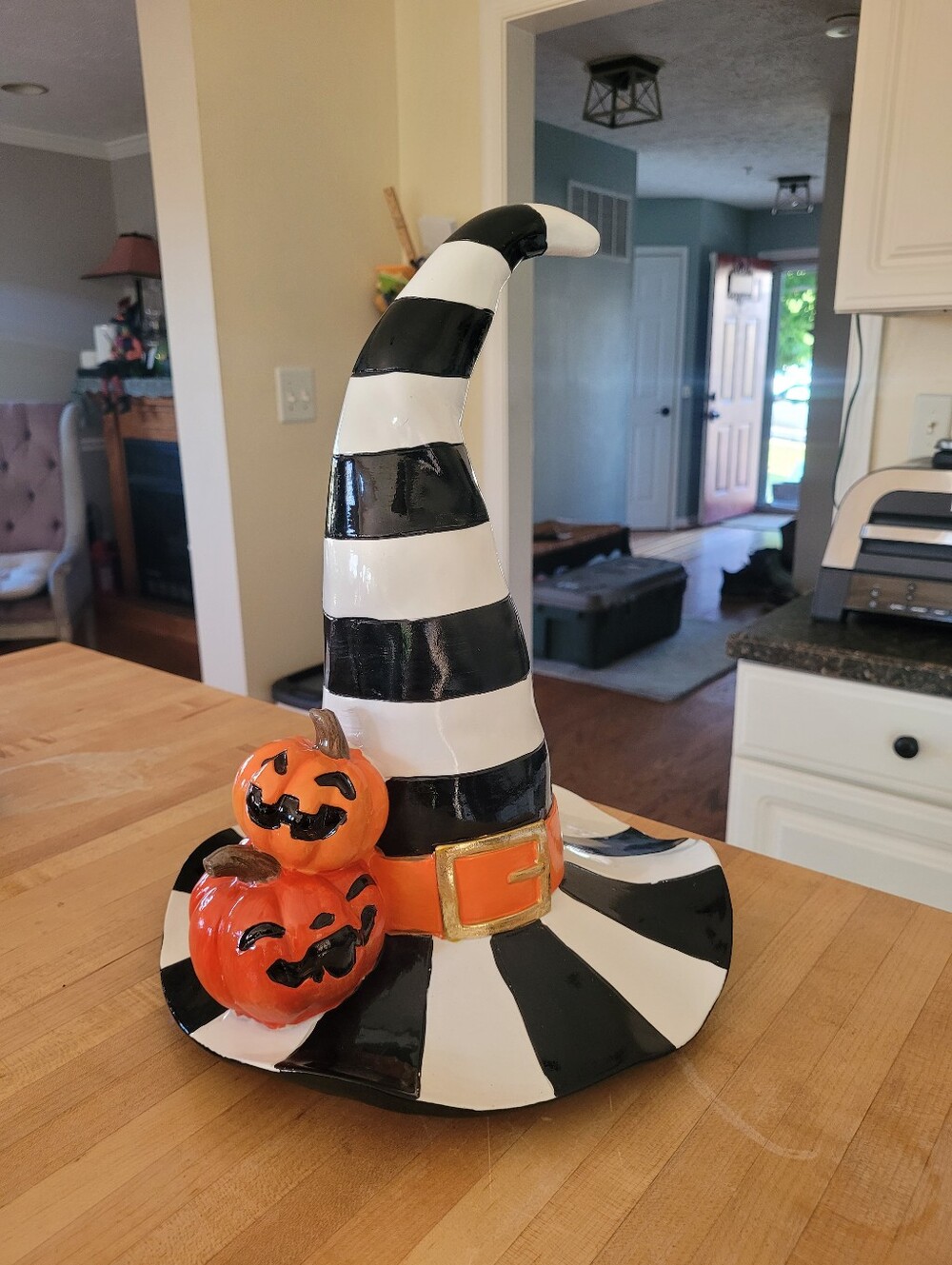 Unbranded Black & White Striped Witch Hat with Orange Pumpkin Accents